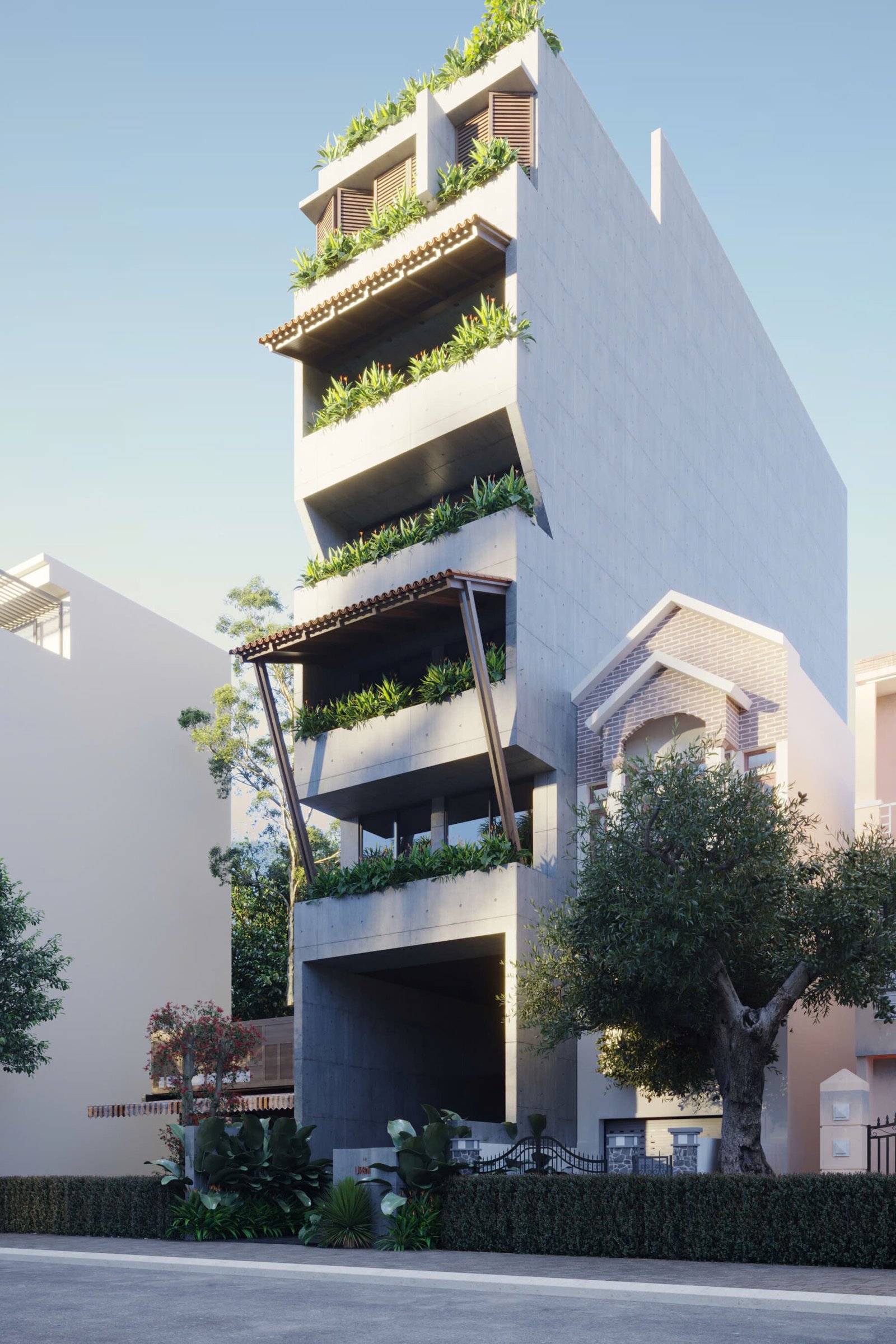 Wazen Boutique Apartment — tropical brutalist facade with planted balconies at dusk, Son Tra, Da Nang